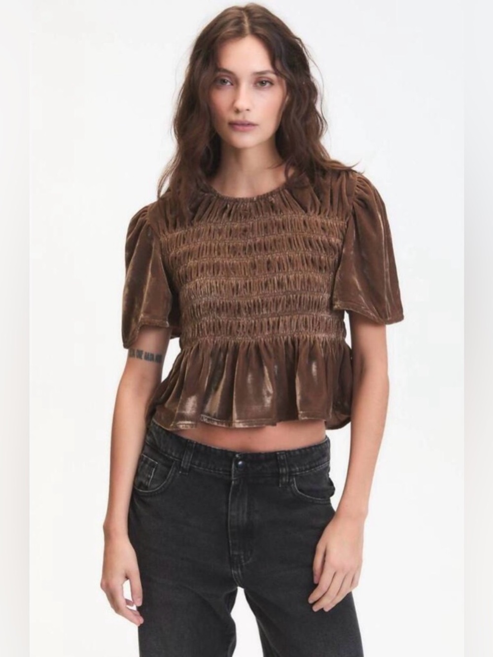 Deluc Forrest Velvet Peplum Top - Brown Smocked Crop - Large